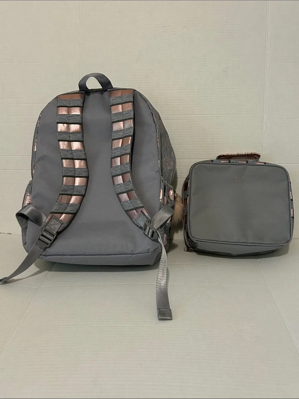 Justice ‘A’ Glitter Gray Backpack & Lunchbox Set with Rose Gold Polka Dots